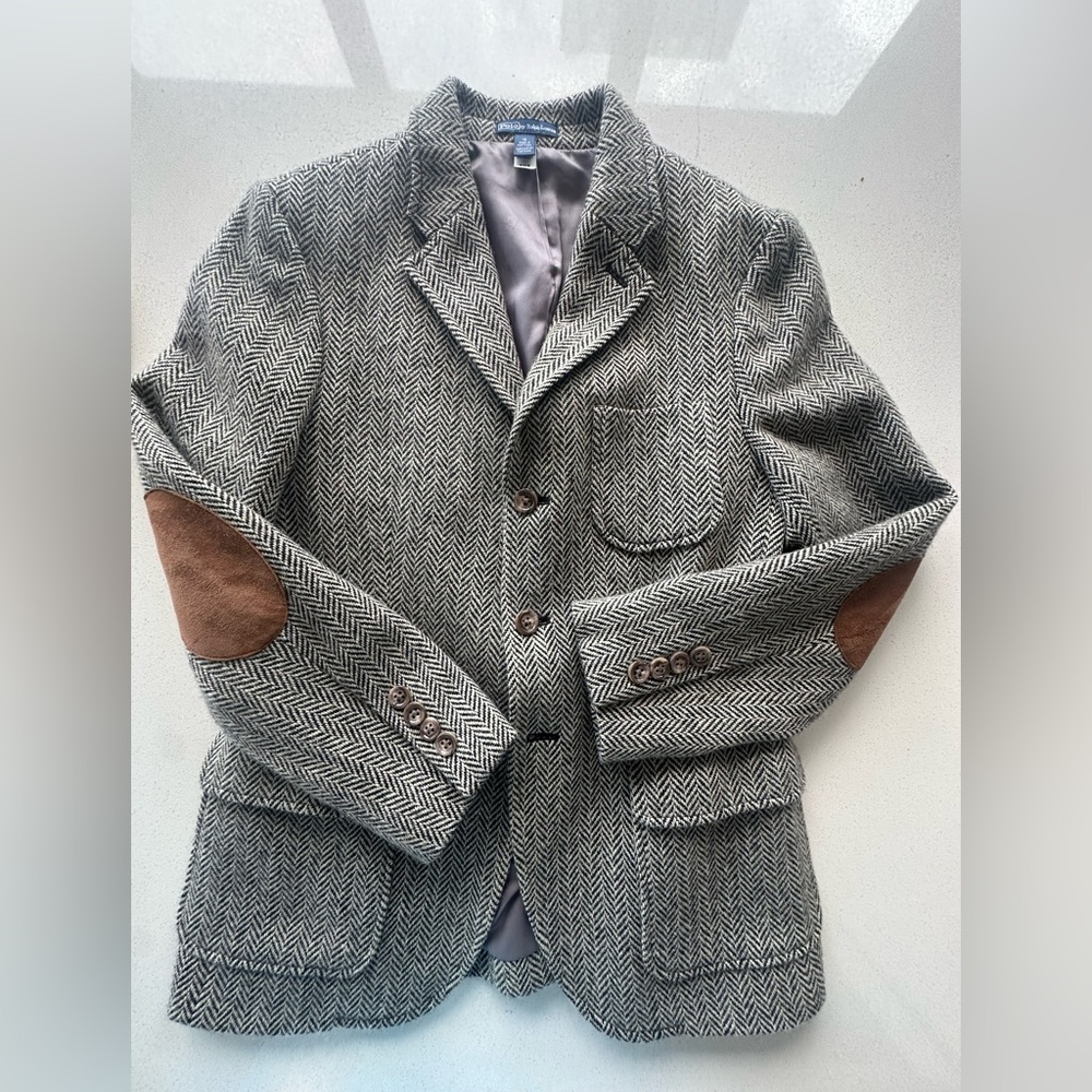 Ralph Lauren Gray Herringbone Blazer with Brown Elbow Patches